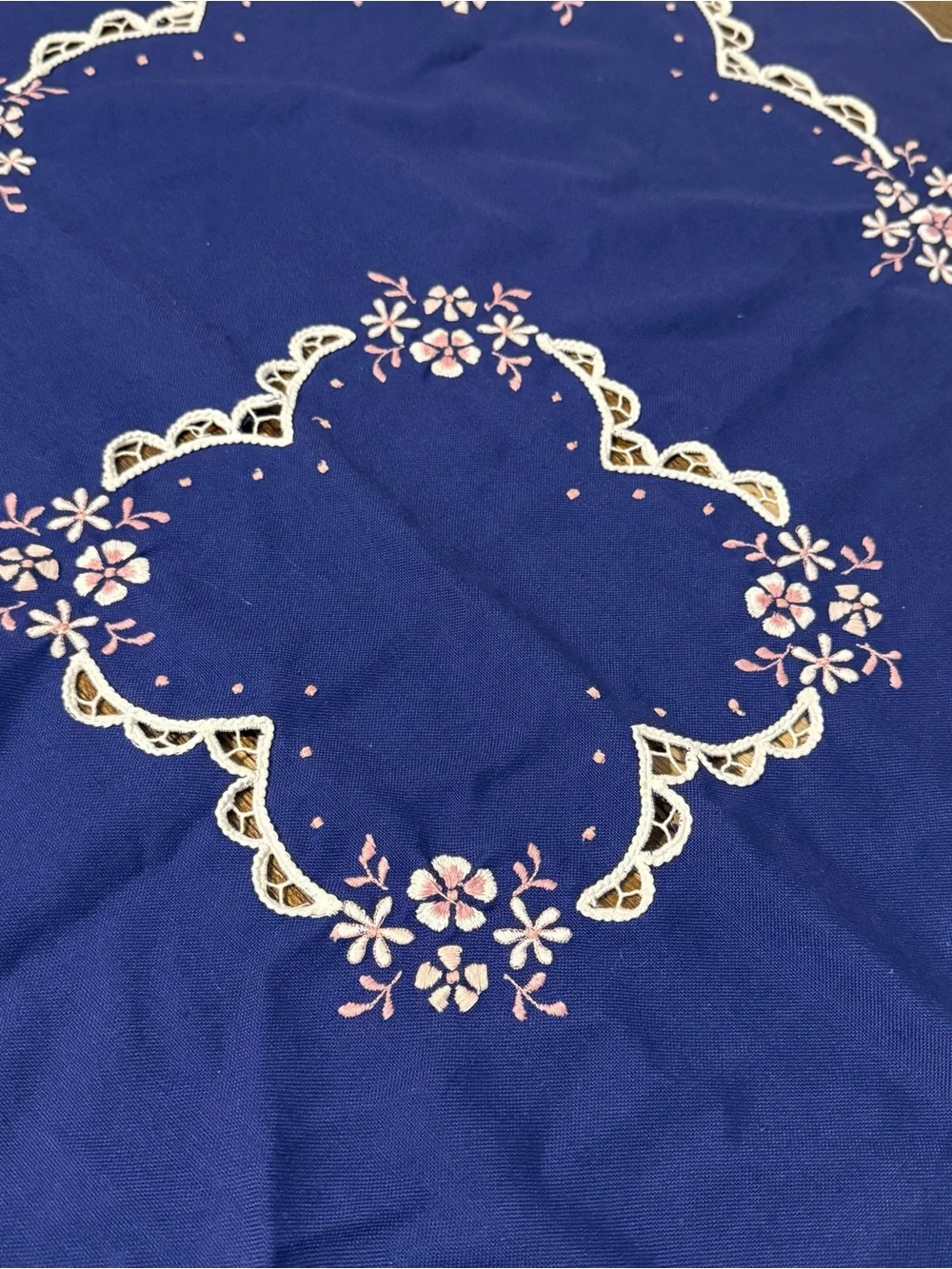 Vintage Royal Blue Tablecloth With Exquisite White Embroidery Cutwork 32.5”x32.5